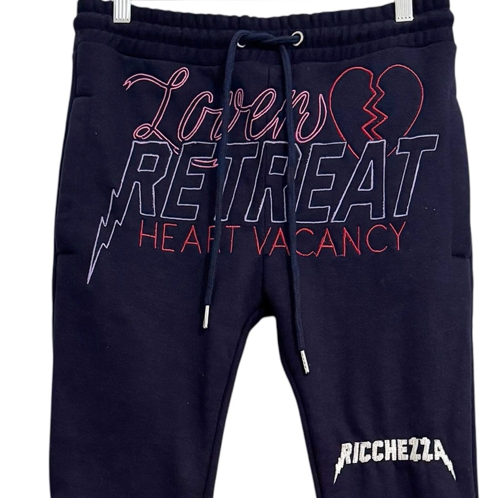 Ricchezza Lovers Retreat Sweatpants Navy Blue Embroidered Small - Picture 2 of 13
